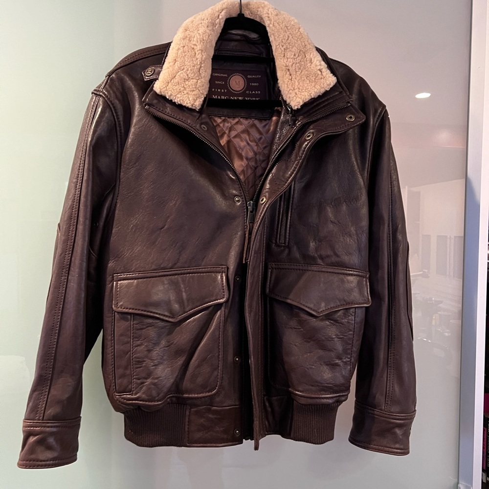 Andrew Marc Men’s Leather Brown B3 Aviator Jacket w/ Removable Shearling Collar